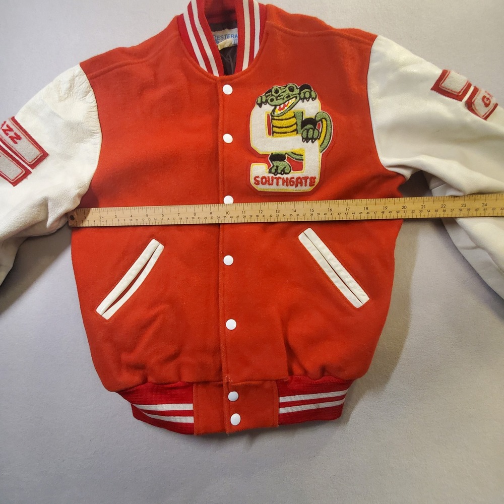 Vtg 90s Southgate Varsity Letterman Jacket Red Leather Wool Gator Bomber Canada - Picture 7 of 13